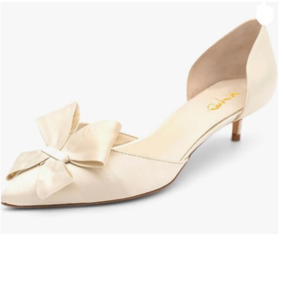 XYD Ivory D'Orsay Kitten Heel Bridal Bowknot Pumps Elegant Pointed Toe Shoes - Picture 1 of 8